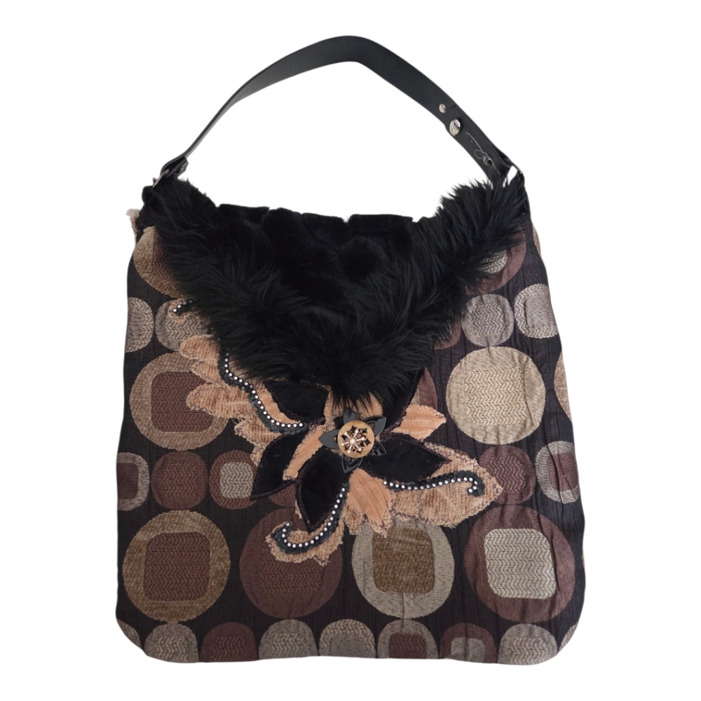 Bohemian Black and Brown Fabric Faux Fur Shoulder Bag With Hand Stitching